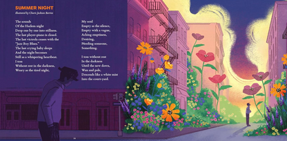 Illustration of a person standing in front of a building with flowers and a poem on a purple background