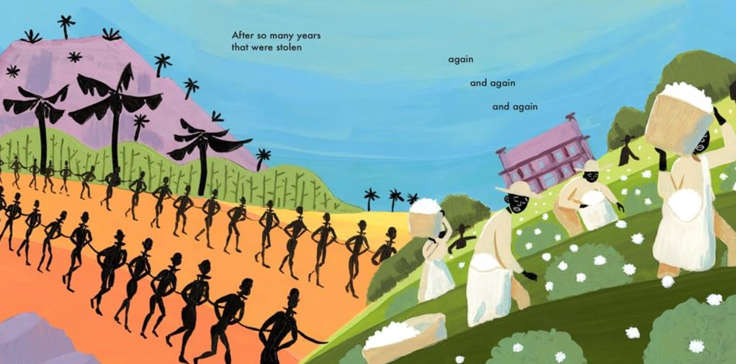 Illustration of a group of people walking together with a house and trees in the background.