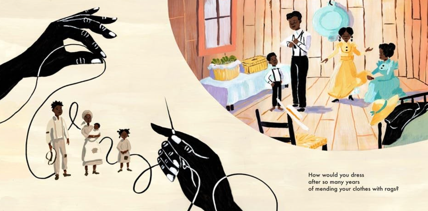 Illustration of a family scene with a hand holding a sewing needle and thread, and text about mending clothes.