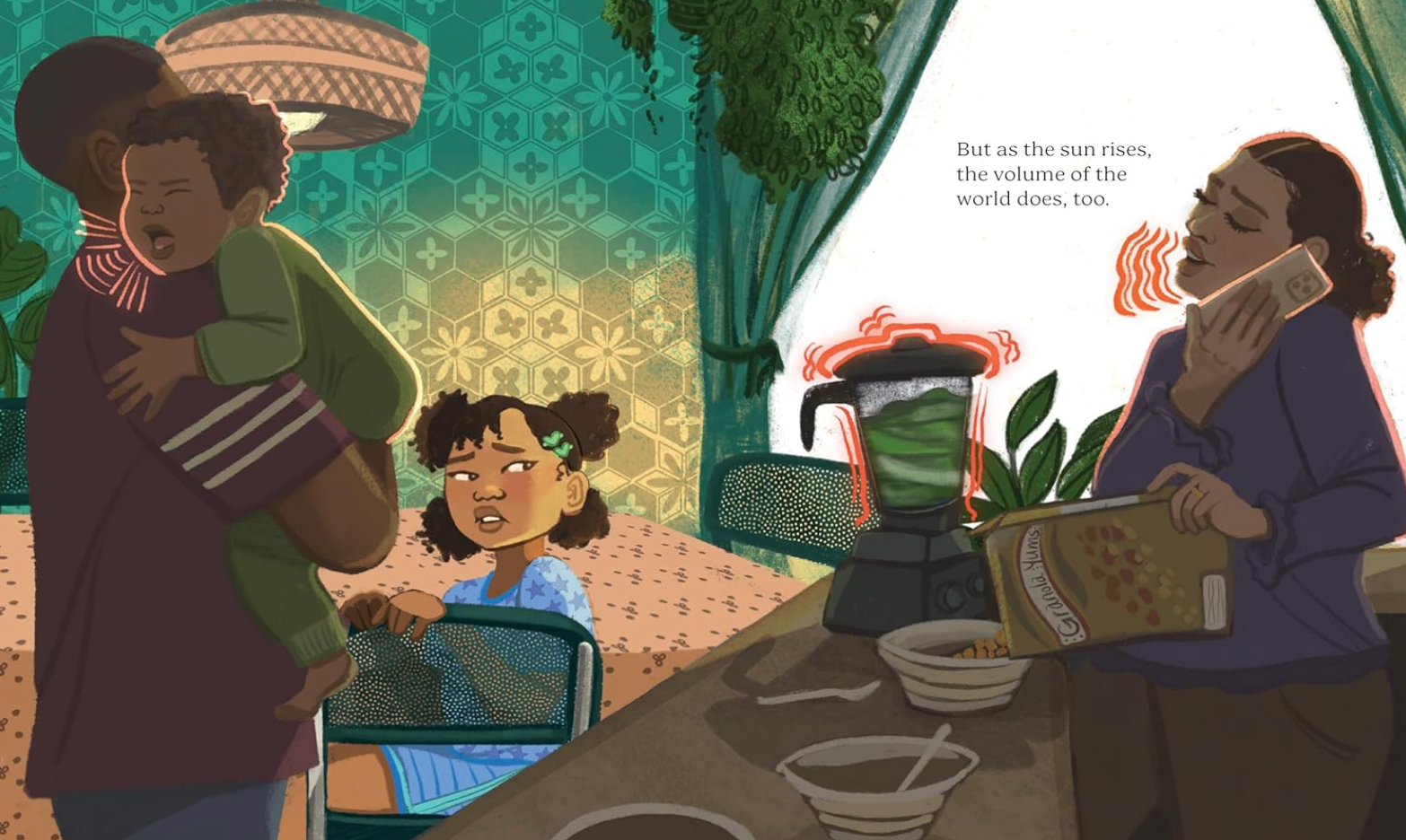 Illustration of a family at a table with a child holding a phone, set against a patterned wall.
