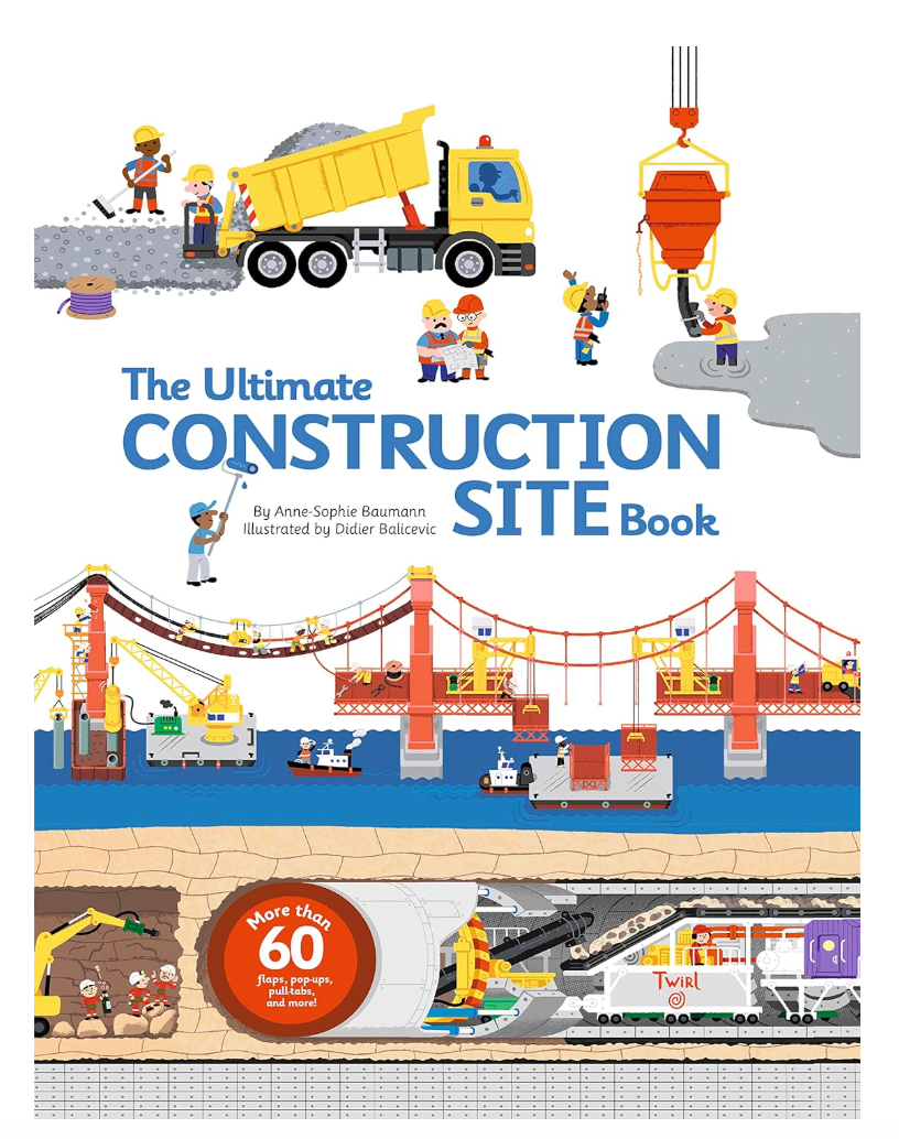 Illustrated book cover of 'The Ultimate Construction Site Book' with construction vehicles and workers.