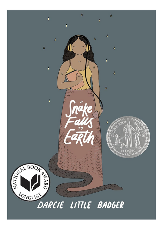 Book cover of 'Snake Falls to Earth' with illustration of a woman and snake, National Book Award Longlist badge, and author's name.