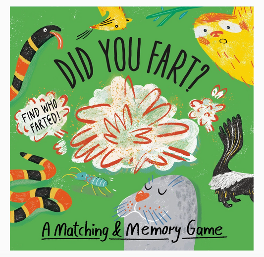 Board game cover with cartoon animals and text 'Did You Fart?' on a green background