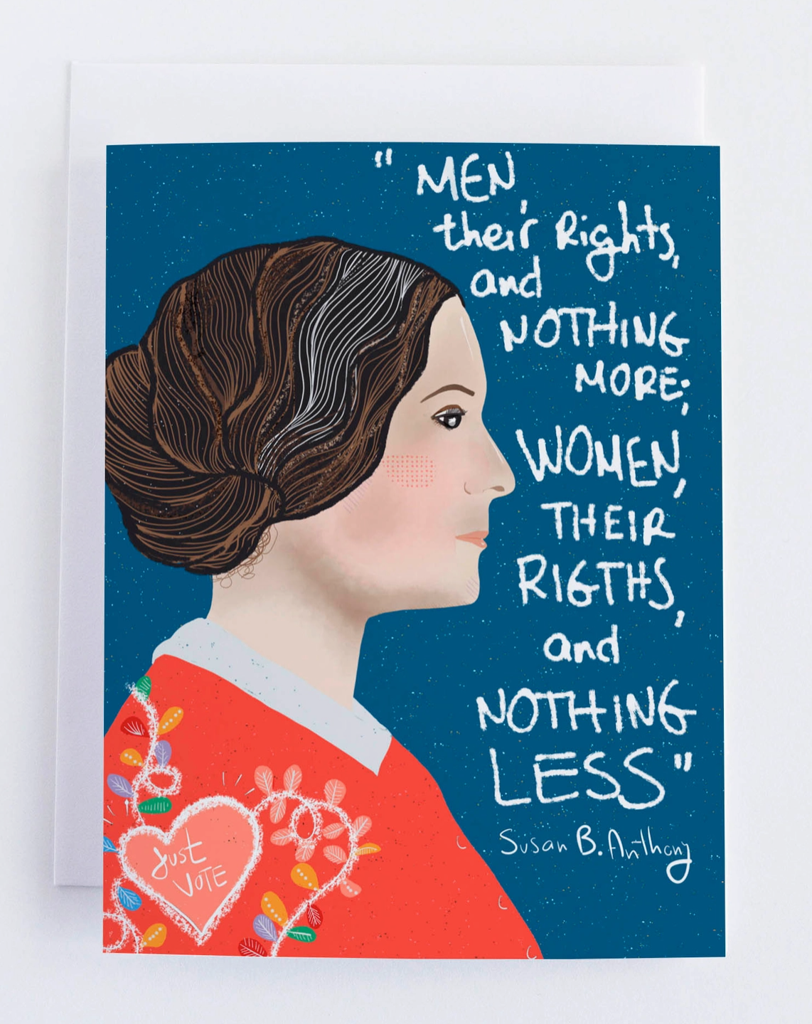 Card with a profile of a woman and a quote by Susan B. Anthony on a blue background