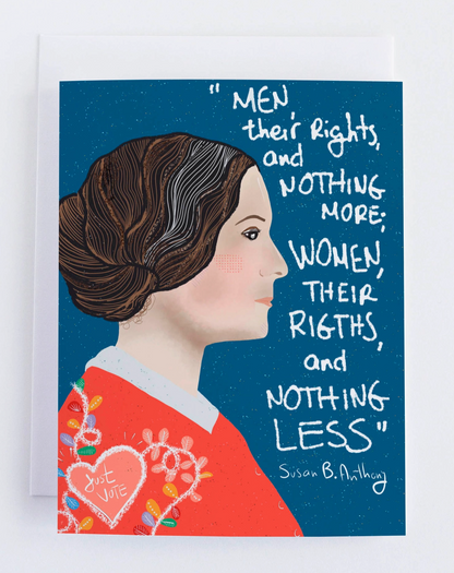 Card with a profile of a woman and a quote by Susan B. Anthony on a blue background