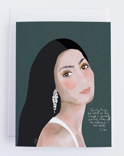 Greeting card with an illustration of a woman's face on a dark green background