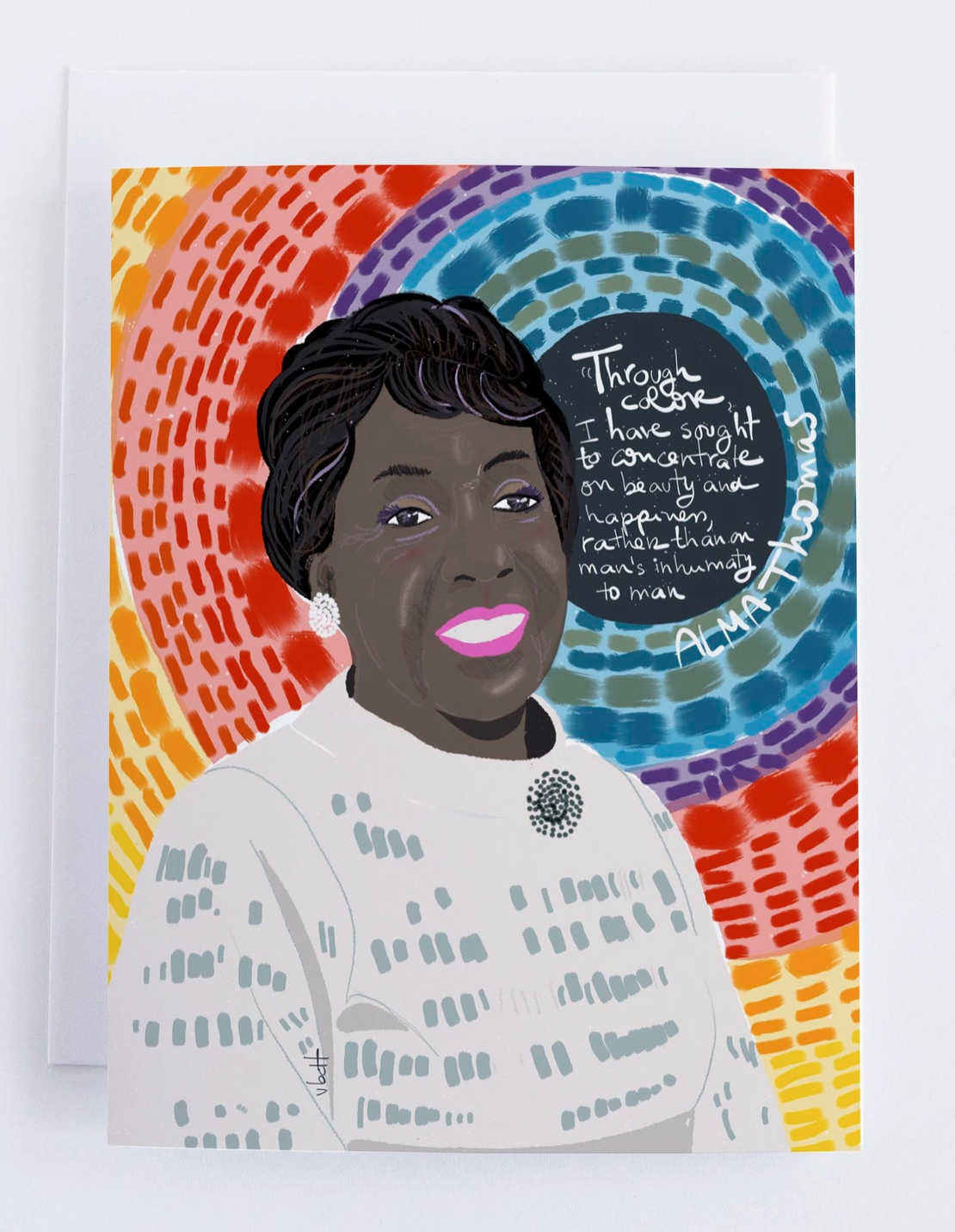 Greeting card with a colorful abstract design and a portrait of a woman on a white background.