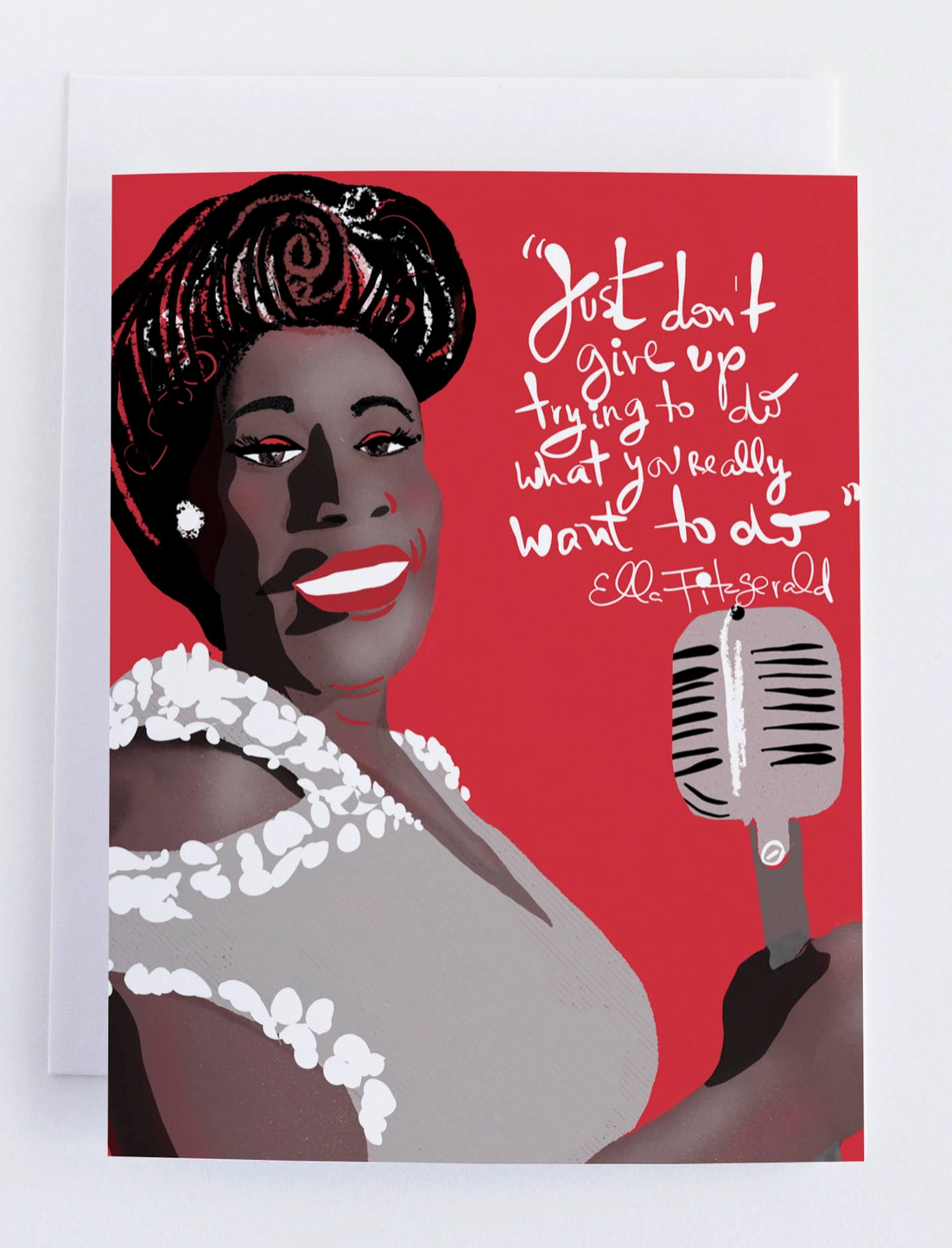 Card with illustration of a woman holding a microphone and text quote on a red background