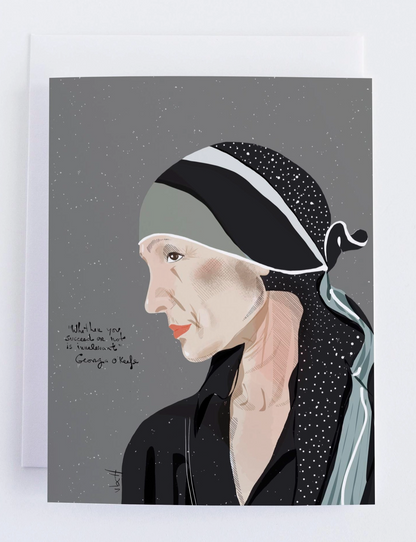 Greeting card with a stylized illustration of a woman wearing a headscarf on a gray background.