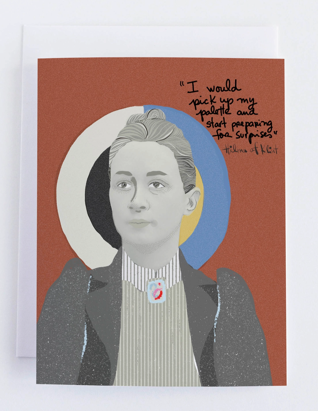 Greeting card with a portrait of a woman and a quote on a red background