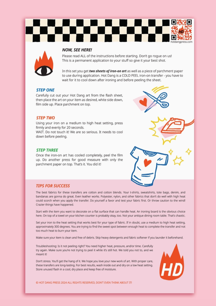 Instructions for applying heat transfer decals on a pink background with illustrations and text.