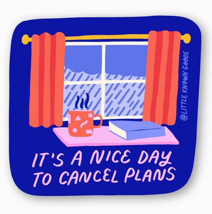 Illustration of a window with red curtains, a mug, and a book with 'It's a nice day to cancel plans' text.