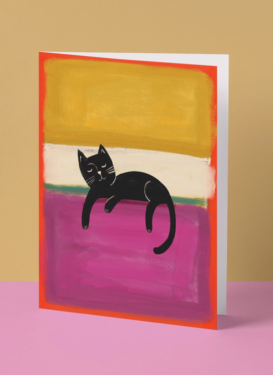 Card with a black cat illustration on a colorful abstract background