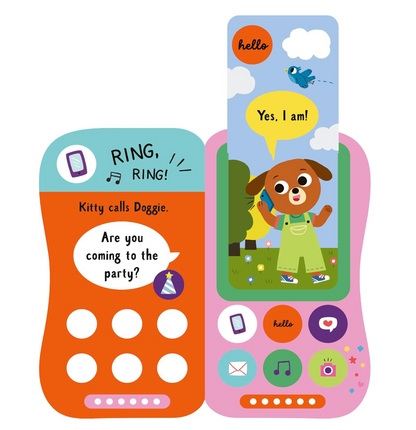 Children's toy phone with cartoon dog and colorful buttons on a white background