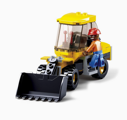 Bulldozer building set with a figure on a white background