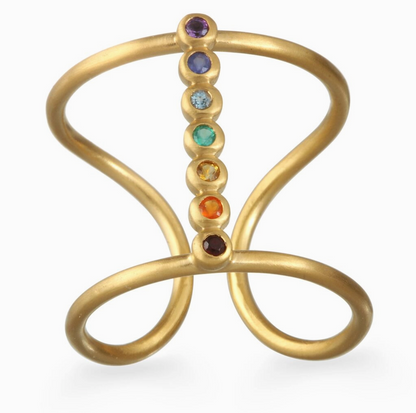 Gold ring with colorful gemstones on a white background