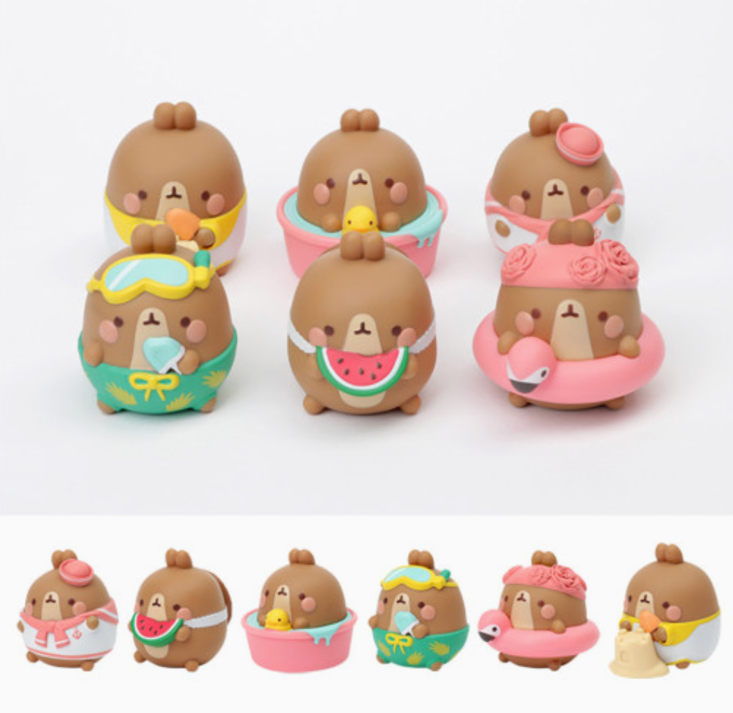 Set of cute brown bunny figurines with various accessories on a white background