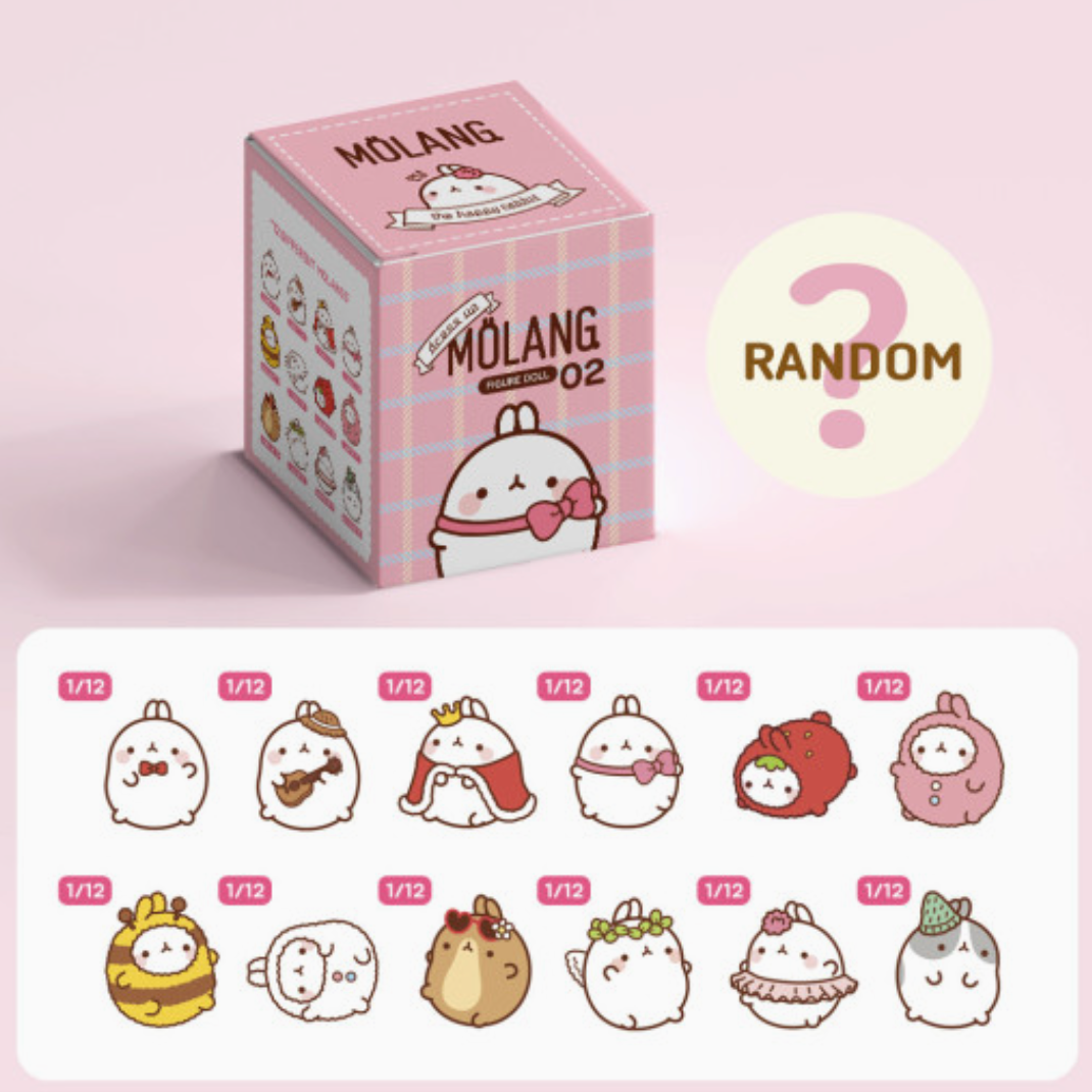 Molang toy collection box with character illustrations on a pink background
