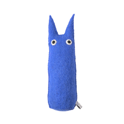 Blue plush figure with a simple design on a white background