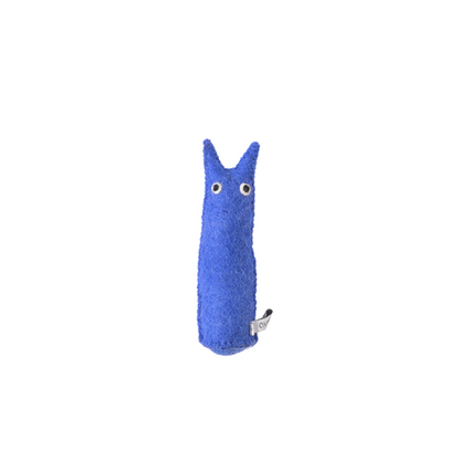 Blue plush figure with googly eyes on a white background