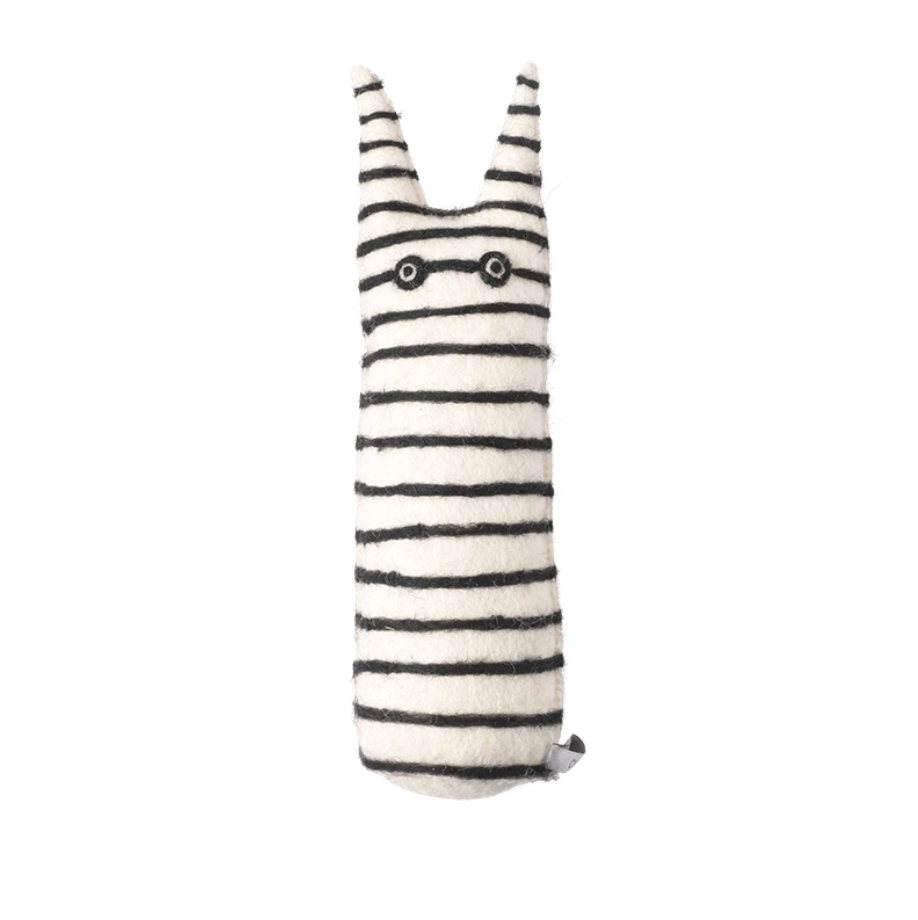 Black and white striped plush figure on a white background