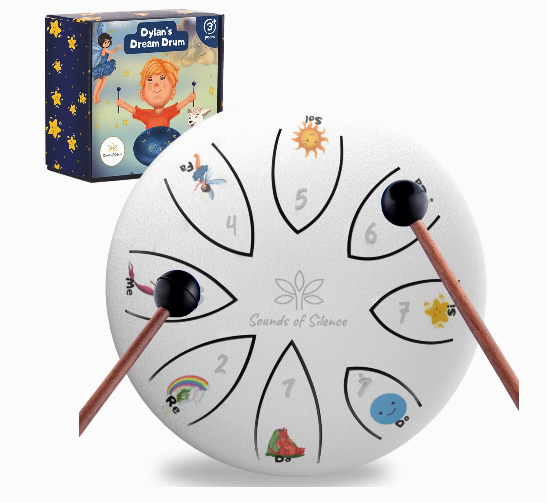 Children's musical instrument with drumsticks and packaging on a white background