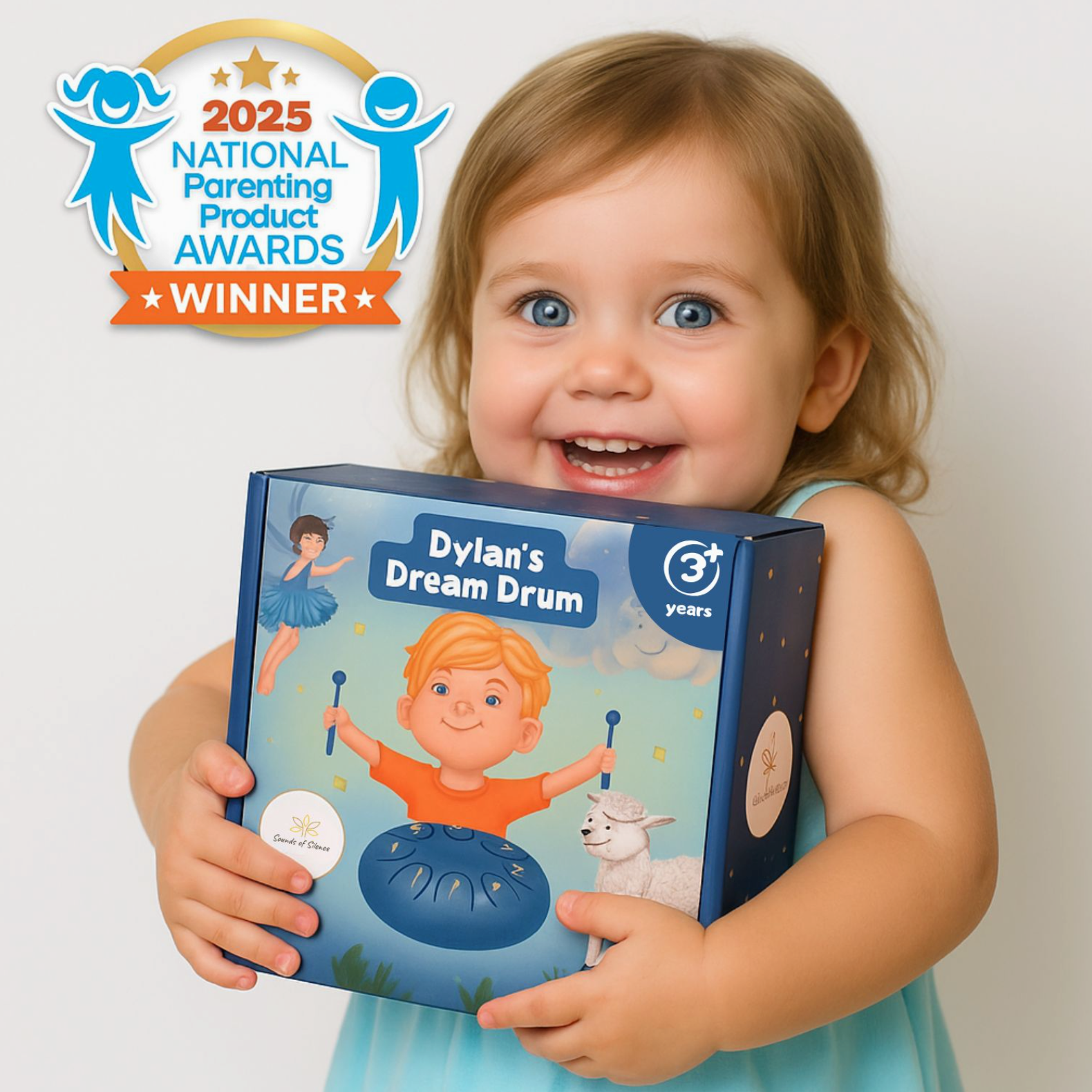 Child holding a toy named 'Dylan's Dream Drum' with 2025 National Parenting Product Awards winner badge.