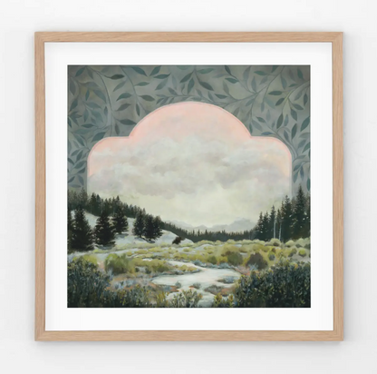 Framed painting of a landscape with trees and a large cloud-like formation.