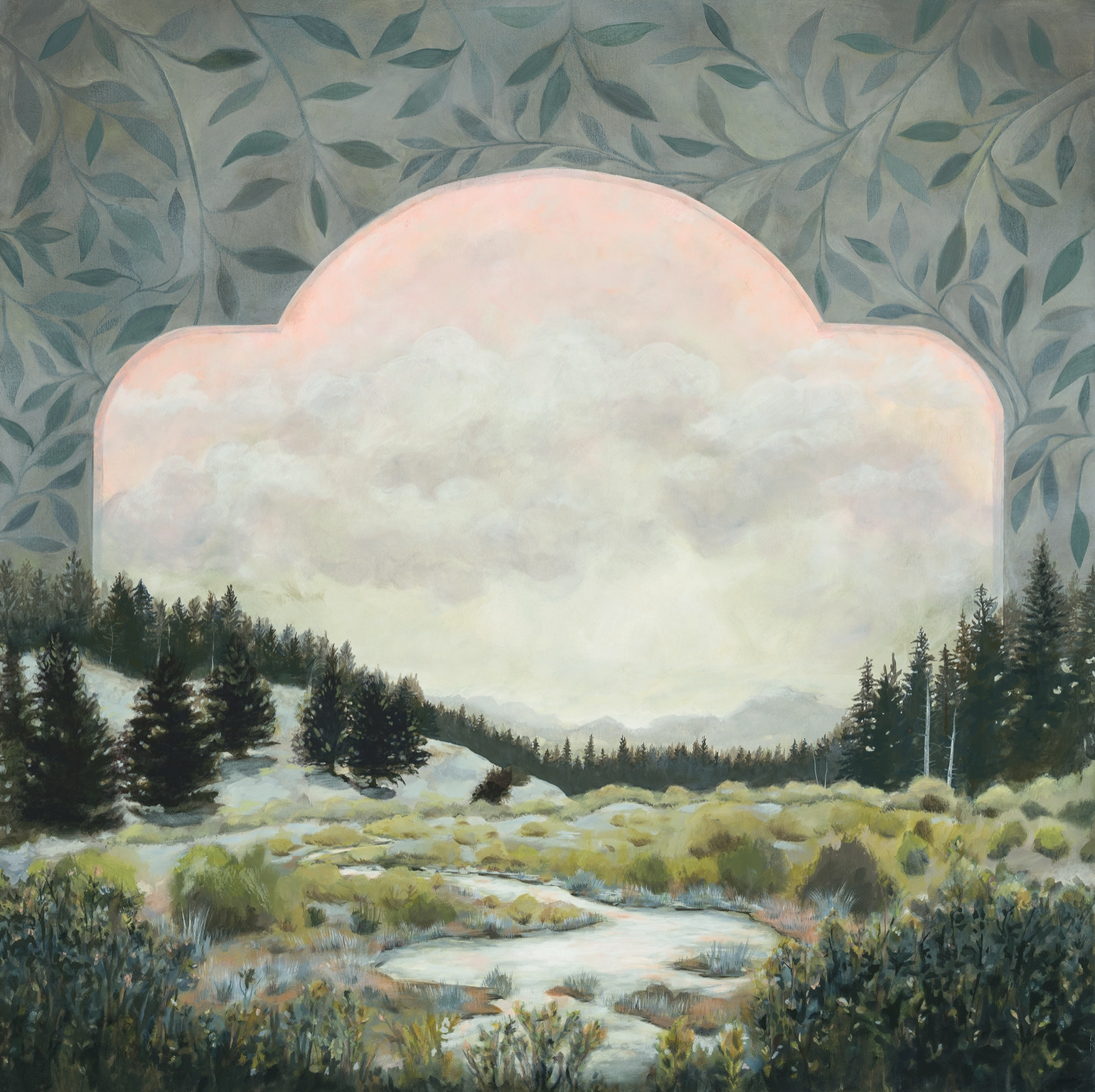 Painting of a landscape with trees, a stream, and a large cloud-like formation.