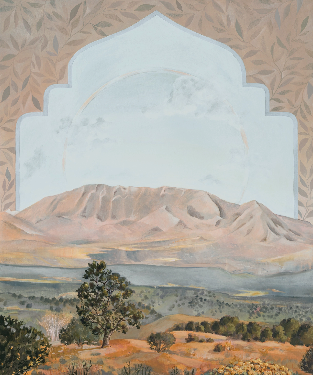 Landscape with mountains and trees framed by an archway with leaf patterns