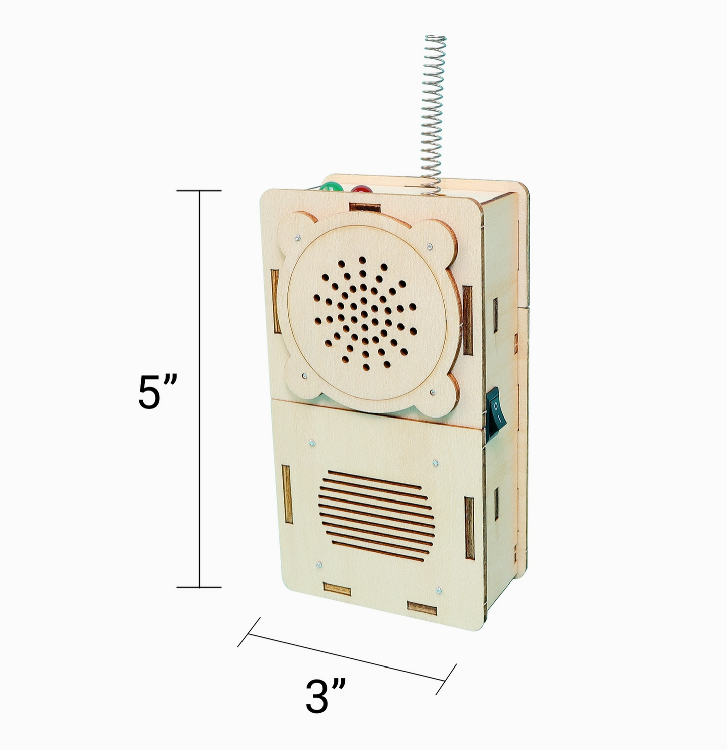 Wooden walkie talkie with a spring and measurement labels on a white background