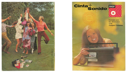 Two images: one of people dancing outdoors, the other of a person with a cassette player and text 'Cinta Sonido BASF'.