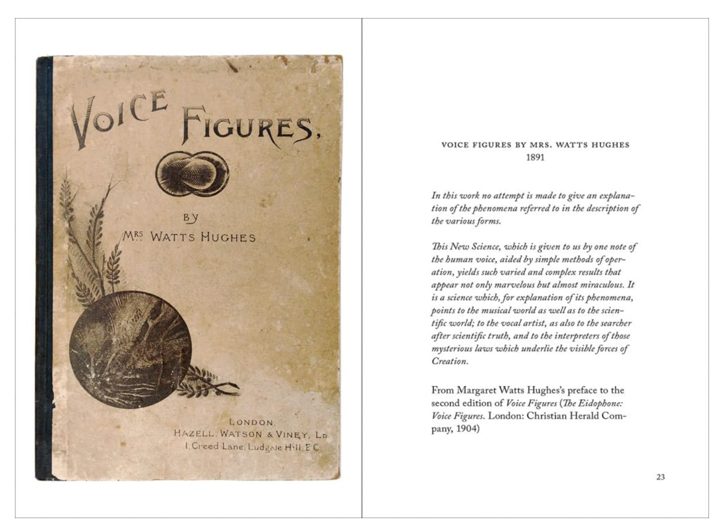 Book cover and text page of 'Voice Figures' by Watts Hughes with decorative elements.