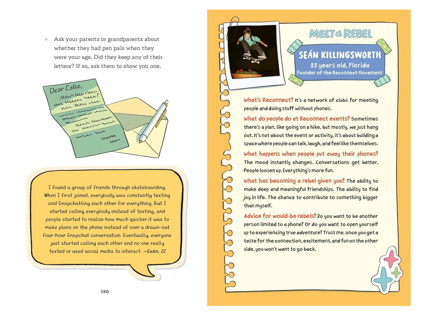 Book page with text, images, and a photo of a person on a yellow background