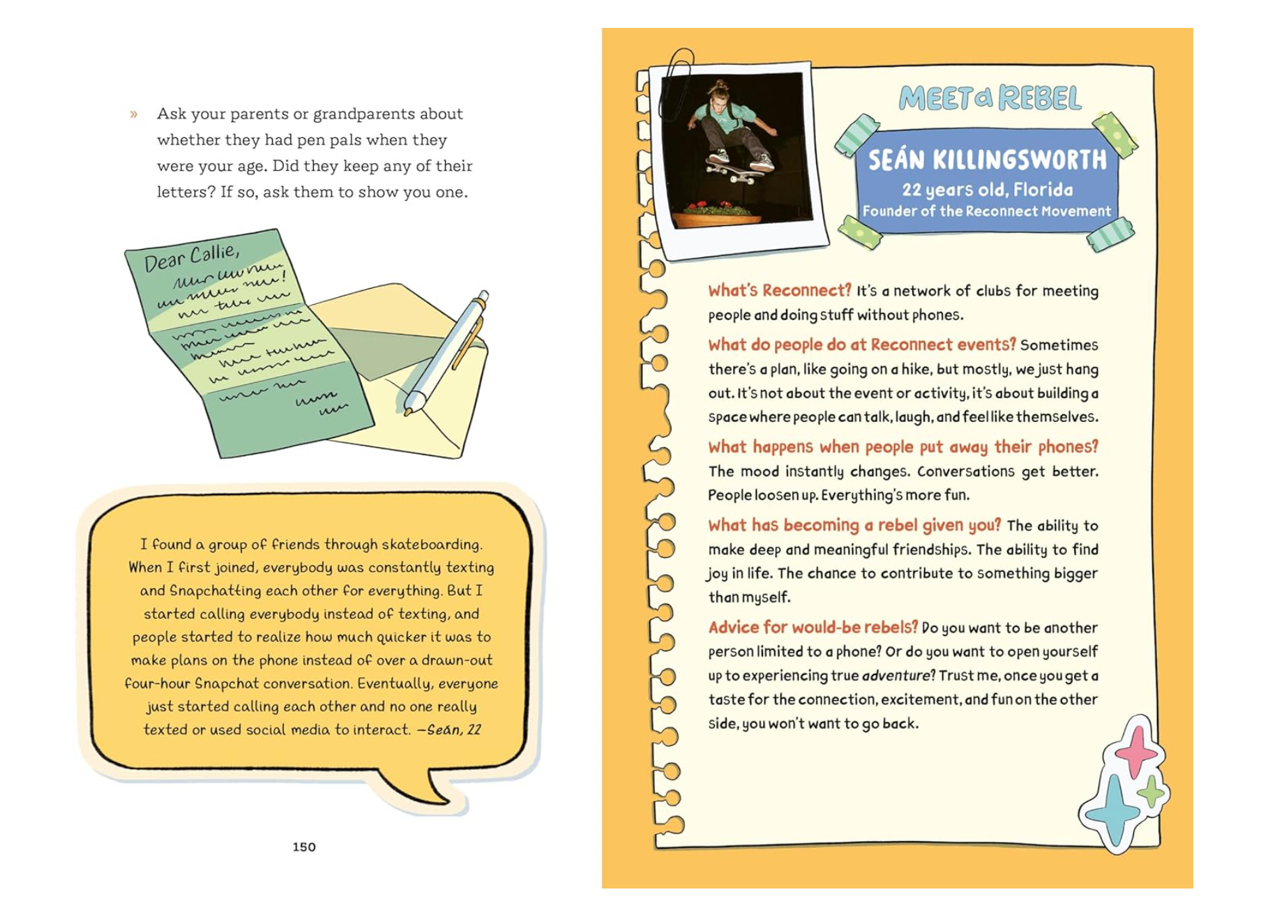 Book page with text, images, and a photo of a person on a yellow background