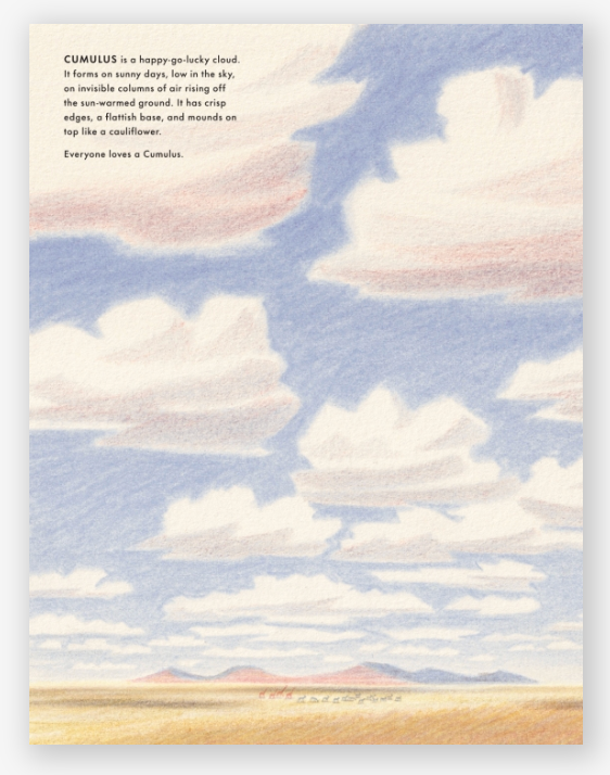Illustration of cumulus clouds with a text about them on a blue sky background.