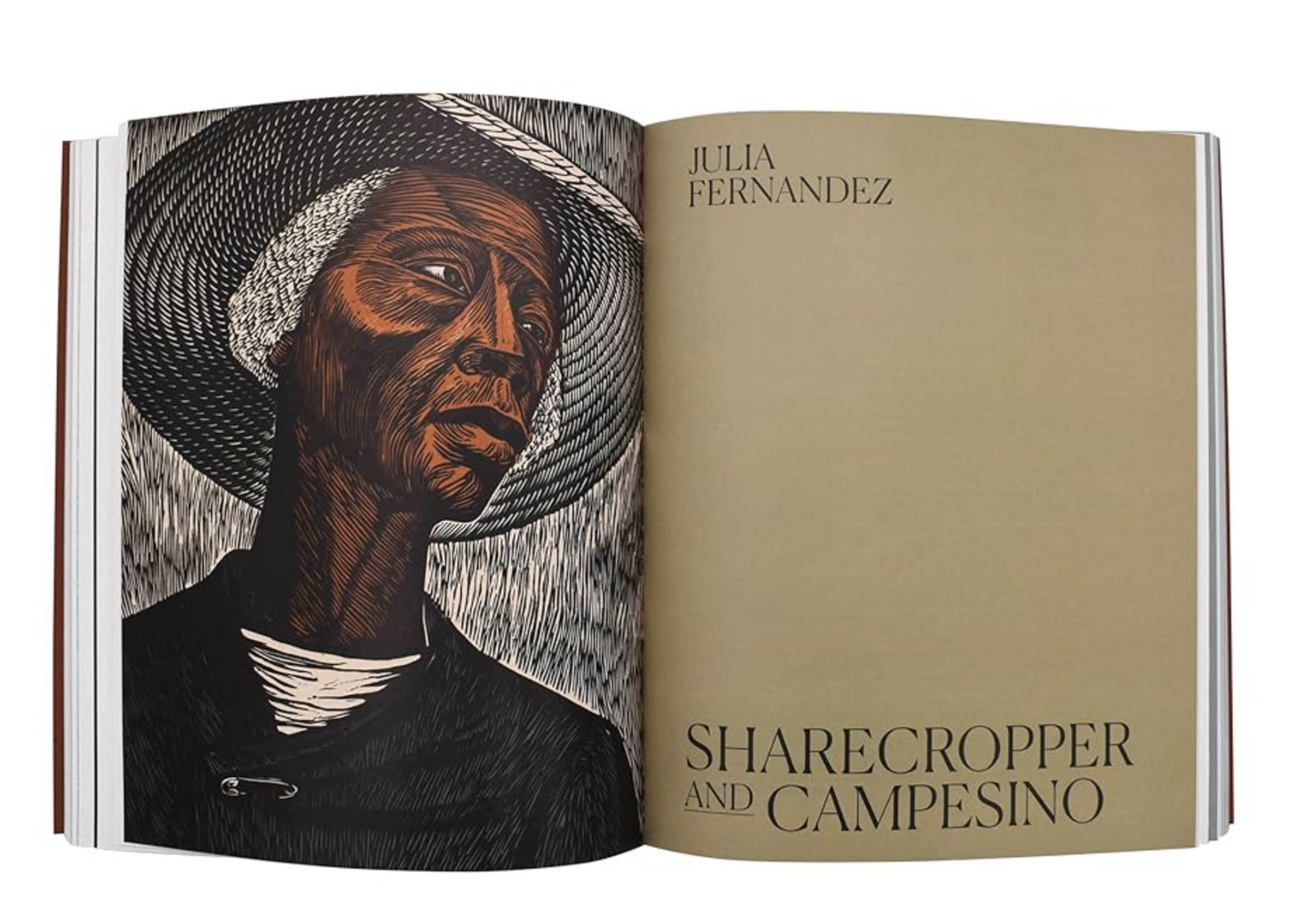 Open book with illustration of a sharecropper and text 'Julia Fernandez Sharecropper and Campesino'.