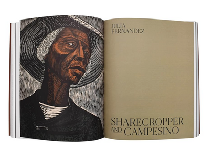 Open book with illustration of a sharecropper and text 'Julia Fernandez Sharecropper and Campesino'.