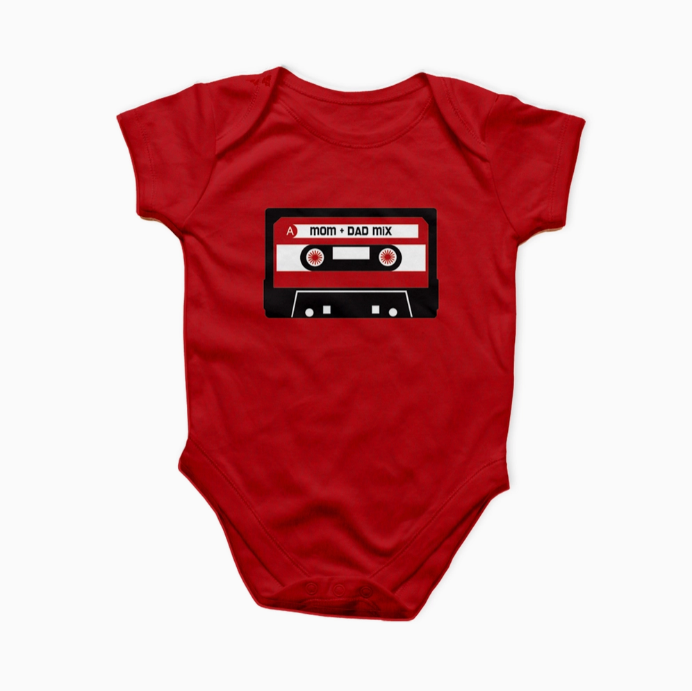 Red baby onesie with a cassette tape design on a white background