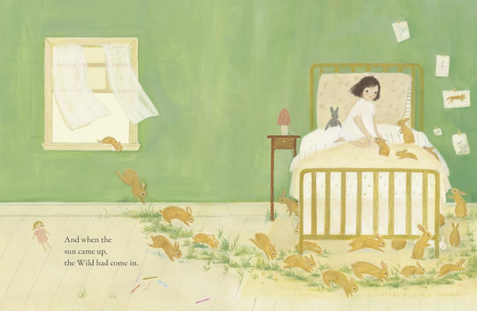 Illustration of a child in bed with animals around, on a green wall with framed pictures.
