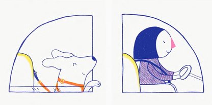 Illustration of a dog and a person sitting inside car seats with seatbelts.