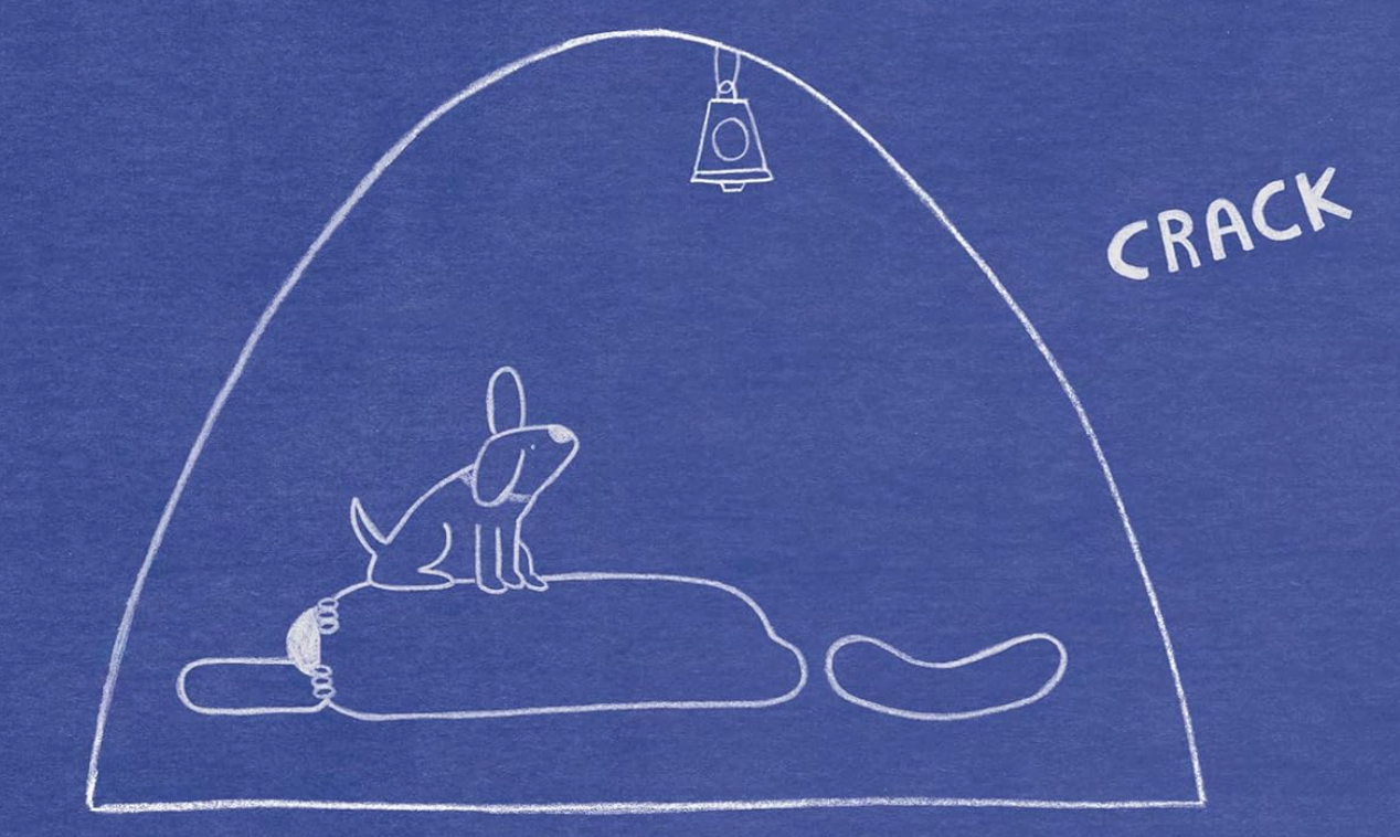 A white line drawing of a dog on a seesaw and a bell above, labeled 'CRACK'.