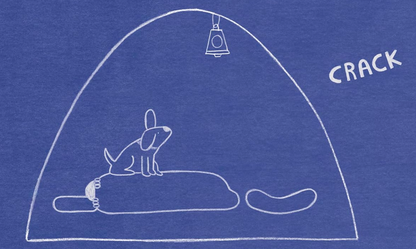A white line drawing of a dog on a seesaw and a bell above, labeled 'CRACK'.