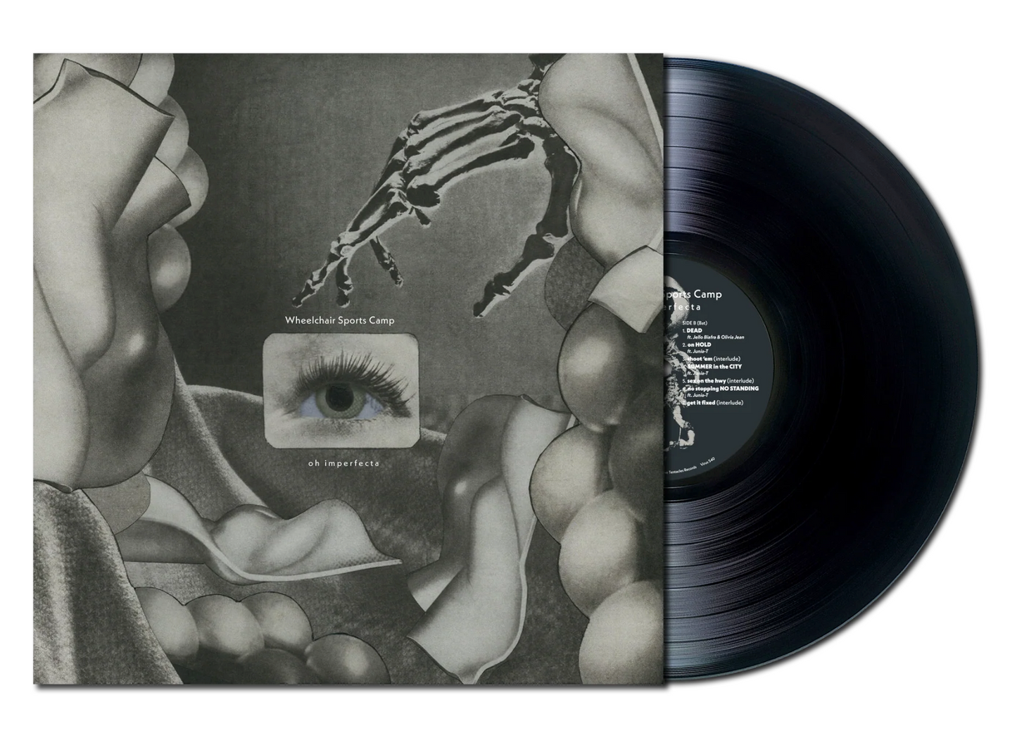 Vinyl record with a black and white cover featuring an eye and skeleton hand.