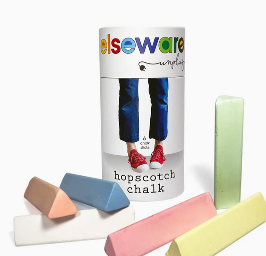 Set of colorful hopscotch chalk with packaging labeled 'elseware' on a white background.