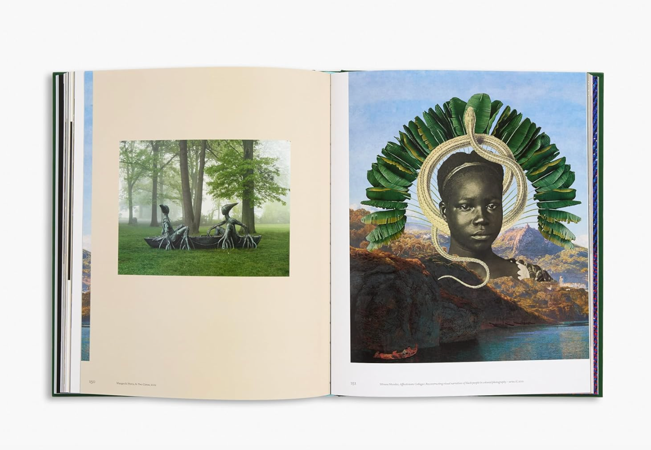Open book showing two pages with artistic illustrations of a landscape and a person with a headdress.