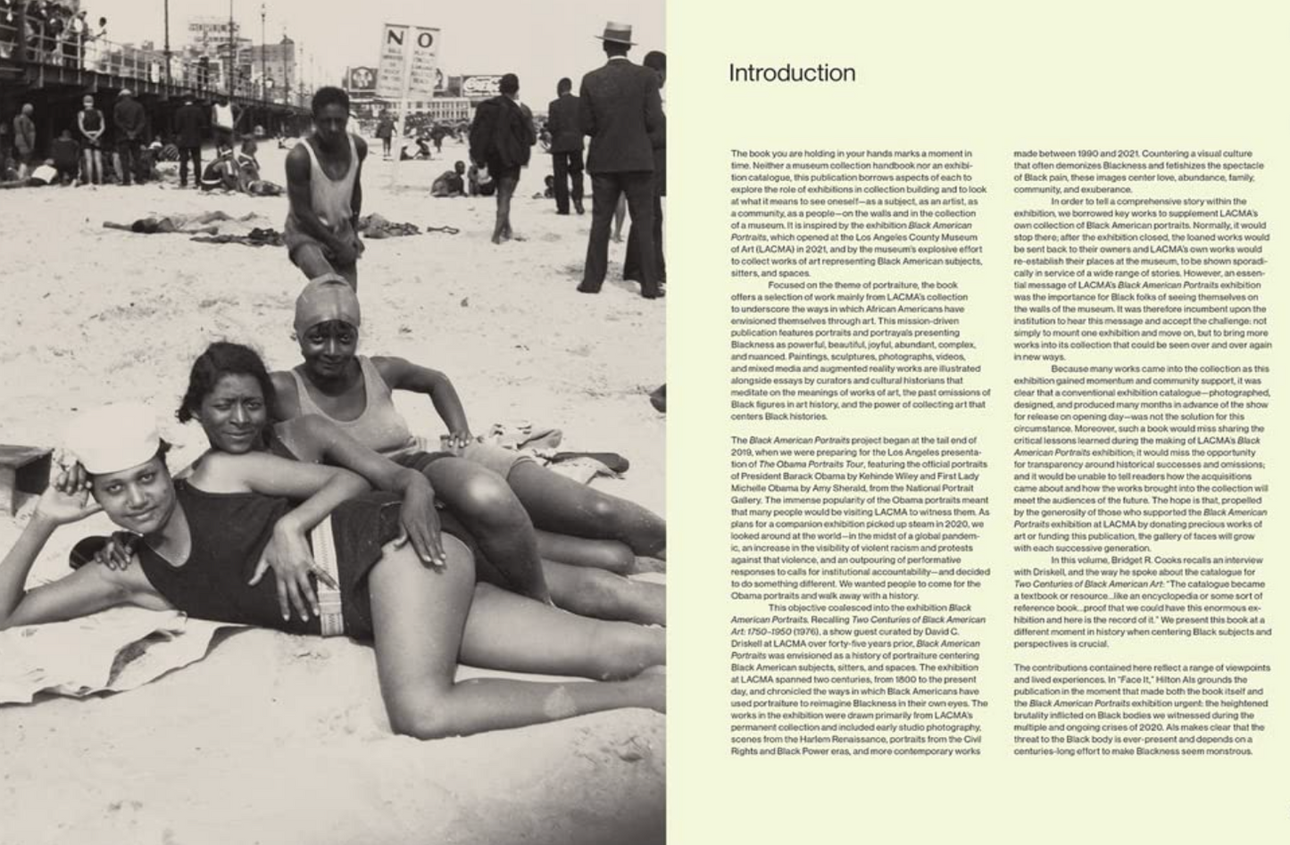 Black and white photo of people on a beach with text on a yellow background