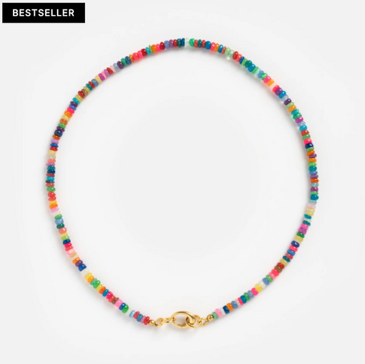 Colorful beaded necklace with a gold clasp on a white background, labeled as a bestseller.