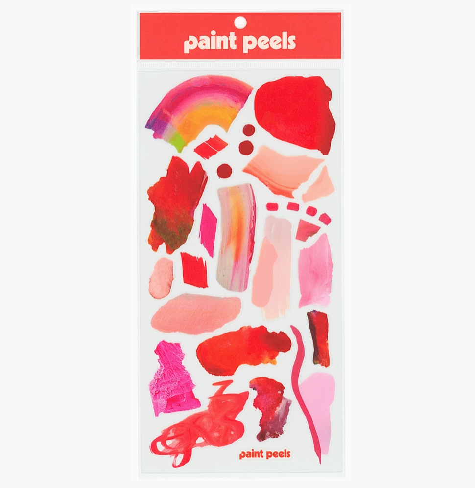 Packaged paint peels stickers with colorful abstract designs on a white background