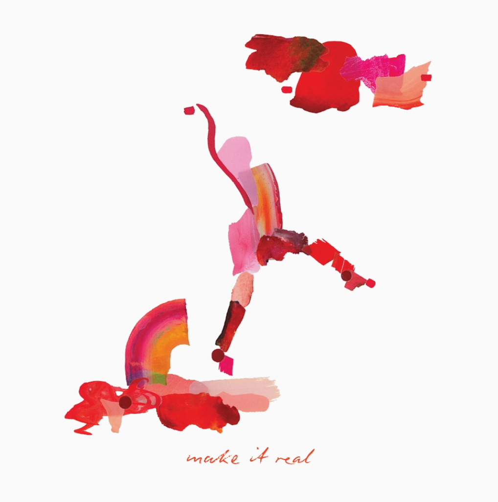 Abstract art piece example with colorful shapes and 'make it real' text on a white background